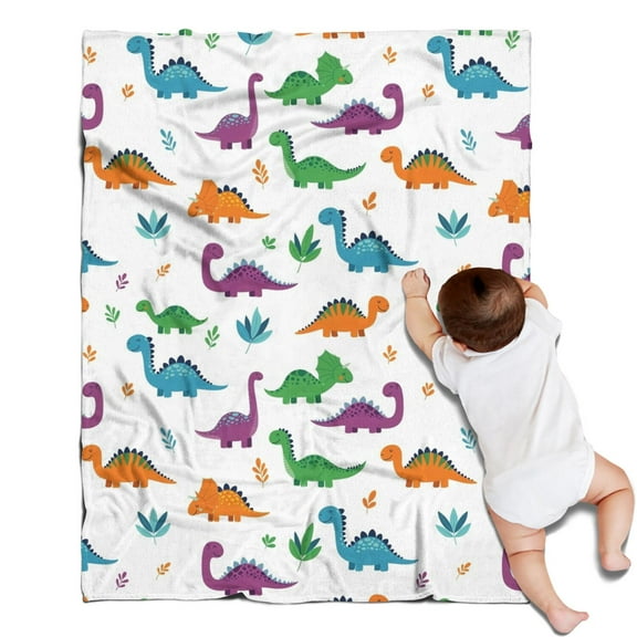 White Dinosaurs Colorful Leaves Pattern Blanket,Comfortable Soft Flannel Throw Blanket,All Season,Warm Lightweight Blankets for Sofa Bed Couch Living Room Chair,30"x40"