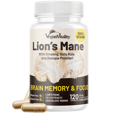 Lions Mane Mushroom Supplement, Brain Supplements for Memory and Focus, 2 Months Supply Vegan Vitality