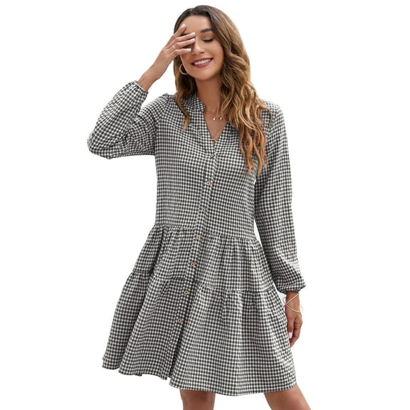 Yesfashion Women's Casual Plaid Dress Long Sleeve V Neck Button Down Ruffle Swing Pleated Short Mini Dress