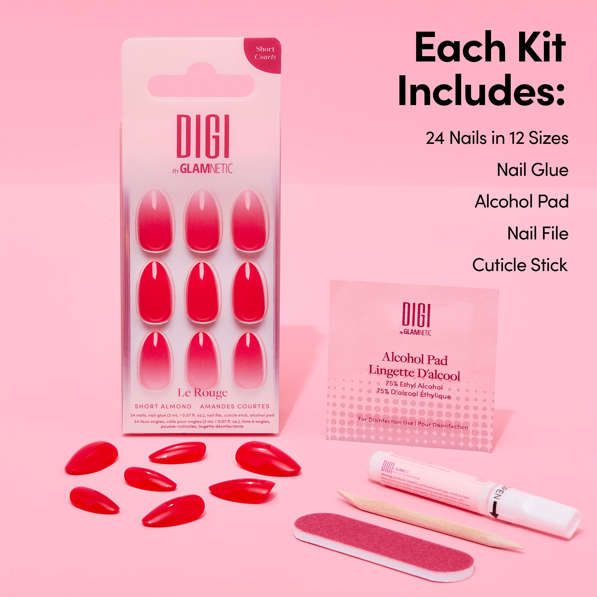 DIGI by Glamnetic Short Almond Artificial Press-on Nails, Le Rouge, 24 Pieces