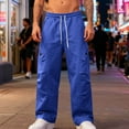 thumbnail image 2 of Hinvhai Men's Wide Leg Cargo Pants Drawstring Elastic Waist Baggy Pants with Pockets Blue S(S), 2 of 9