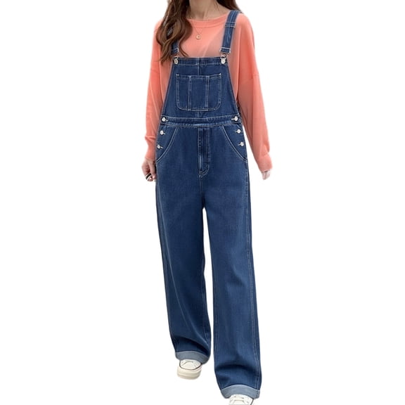 Womens Solid Color Buttoned Denim Jumpsuit With Shoulder Straps