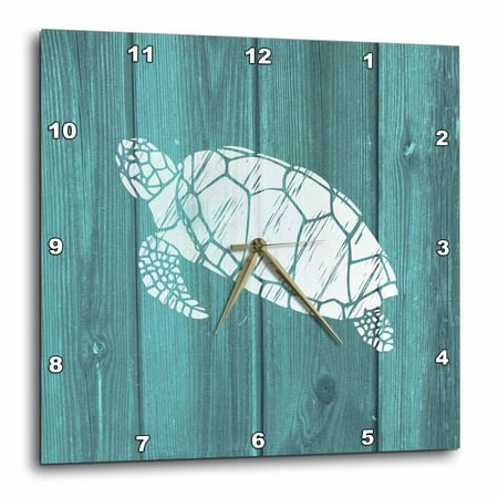 Reel Clock - 3dRose Turtle Stencil in White over Teal Weatherboard- not real wood, Wall Clock, 10 by 10-inch