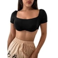thumbnail image 1 of hirigin Women Summer Midriff-baring T-shirt Tops, Leisure Style Slim Backless Solid Color Square Collar Short Sleeve Crop Top, 1 of 5
