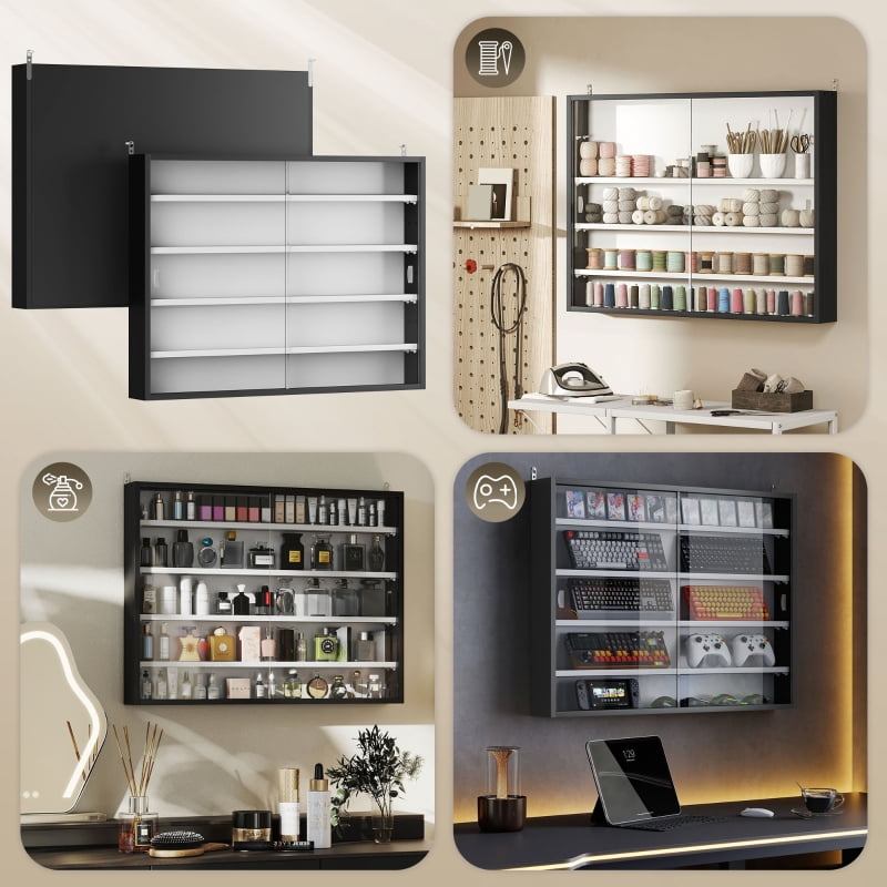 Alvantor 5-Tier Wall Display Shelf Storage Cabinet Glass Doors Adjustable,Black/White