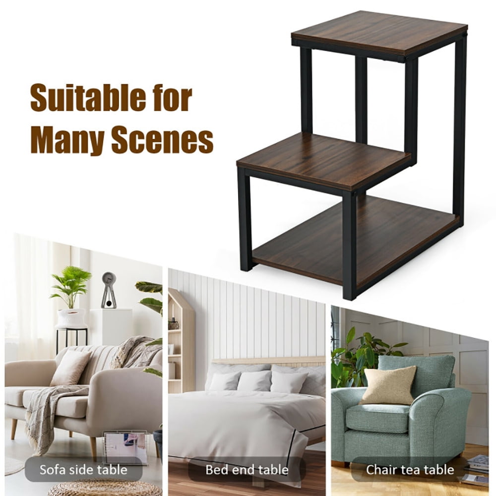Finihen Side Table, 3-Tier Ladder-Shaped Chair Side Table with Storage Shelf, Sofa Side Table, Bed Side Table, for Living Room, Bedroom, Brown Finihen Side Table, 3-Tier Ladder-Shaped Chair Side Table with Storage Shelf, Sofa Side Table, Bed Side Table, for Living Room, Bedroom, Brown