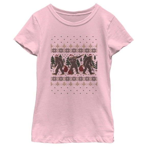 Girl's Lost Gods Ugly Christmas Dabbing Bigfoot Graphic Tee Light Pink Large