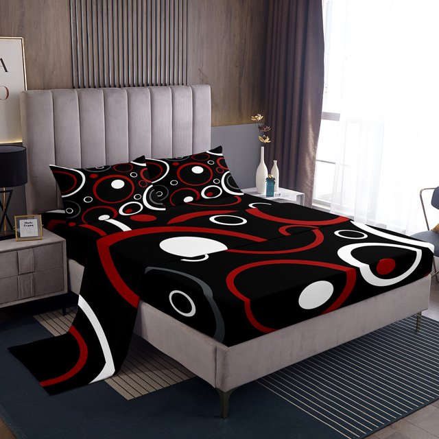 Erosebridal Ensemble de Draps à Motif Géométrique Tourbillon Cercle Spirale Format Double, Ensembles de Literie Noir Rouge Blanc Format Double 4 Pcs