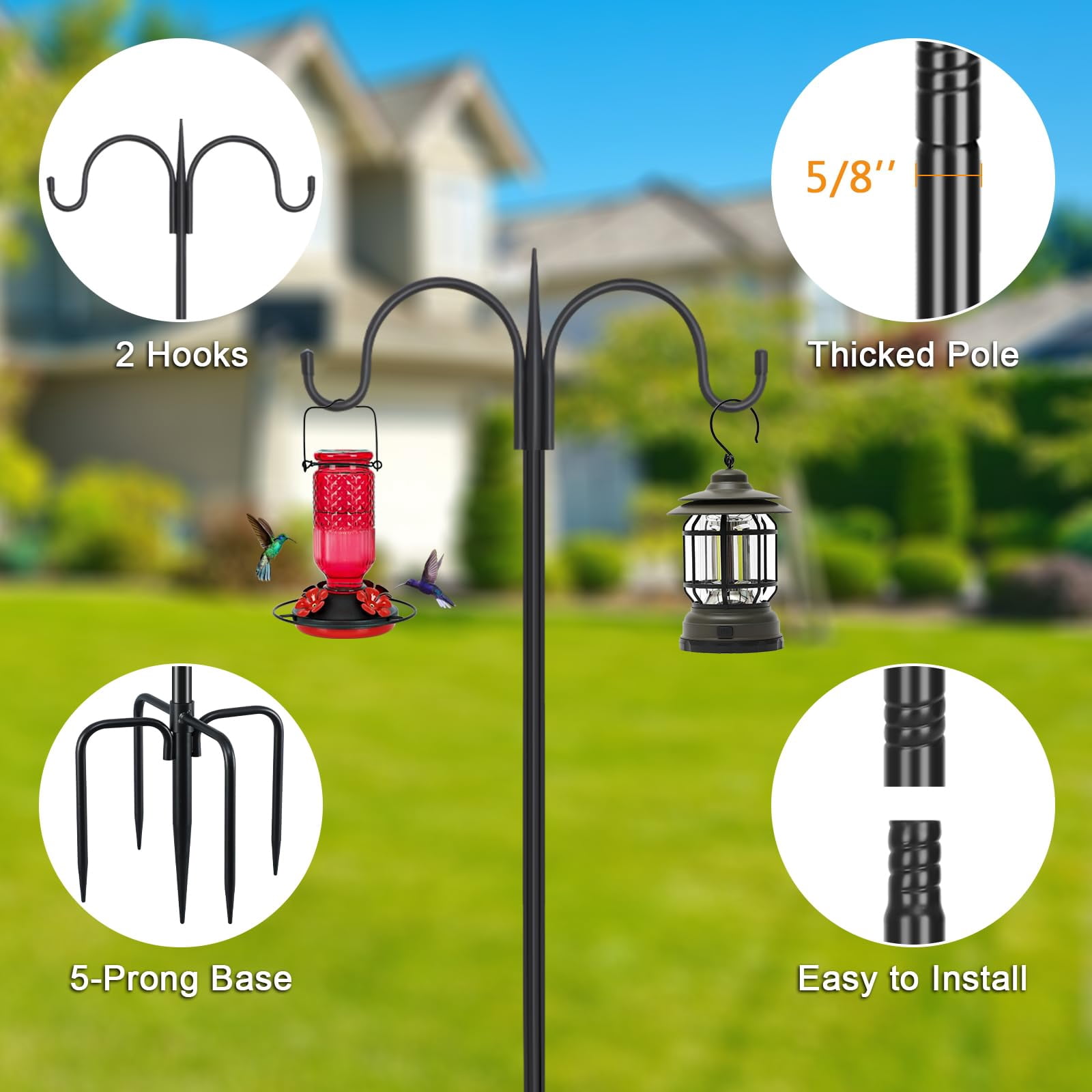 Adjustable Double Shepherds Hook For Outdoor With 5 Prong Base 63 Inch Heavy Duty Two Sided Bird Feeder Pole Hanging Plant Baskets  Solar Light Lanterns Wind Chimes 2 Pack