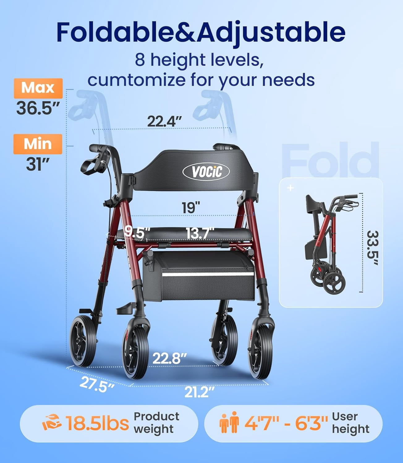 VOCIC Walkers for Seniors, Heavy Duty Rollator Walker with Seat, 350lb Capacity, Red