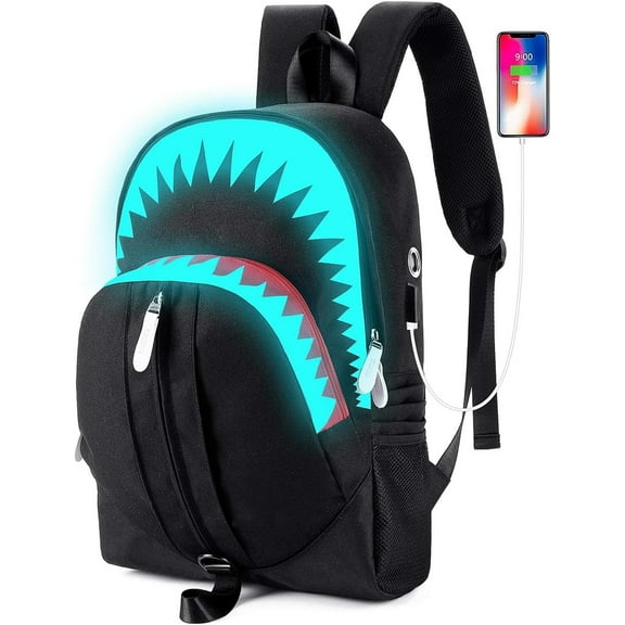 Shark Youth Backpack - Fashionable and Cool LED Schoolbag for Leisure and Waterproof Travel Use - USB Computer Bag