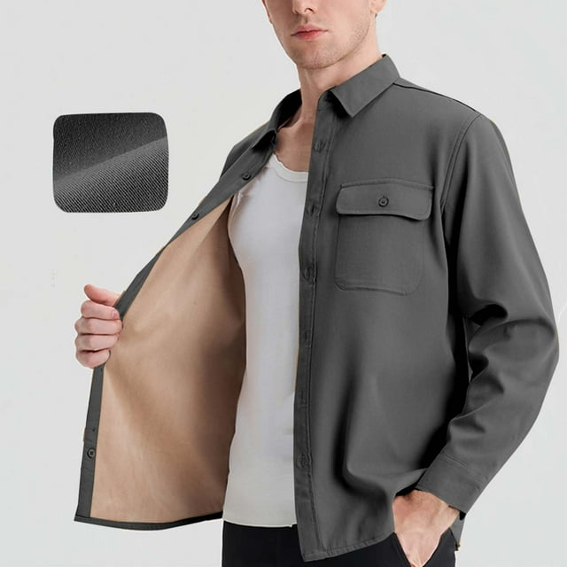 Lekwk Fleece Lined Shirt Jacket For Men Button Turndown Shacket Plus Size Casual Jackets With Pockets Fall Winter Stylish Solid Color Shackets
