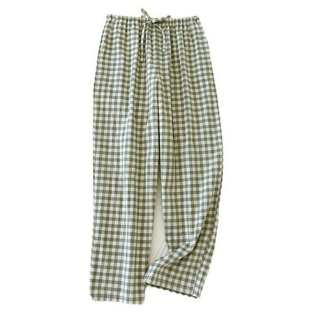 CQONEPT Women s Plaid Pants Casual Loose Fit Pants Wide Leg Elastic Waist Drawstring Trendy Pajama Pants Green L