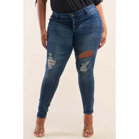 Plus Size Dark Blue Low-rise Ripped Denim Pants 22