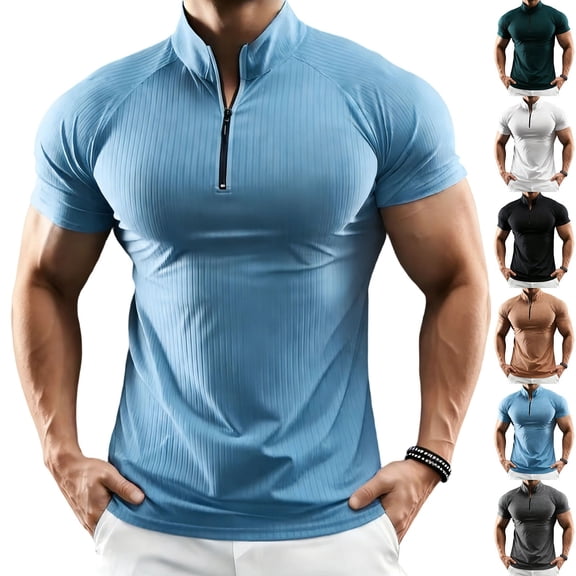 Men's Mock Neck Shirts Slim Fit Short Sleeve Muscle T Shirts Men Zipper Ribbed Golf Shirt Casual Stylish Sky Blue