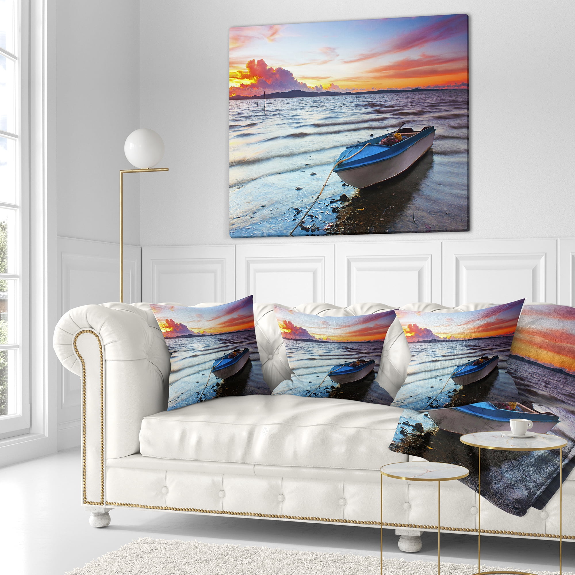 Designart Boat at the Sunset - Landscape Photography Throw Pillow - 18x18