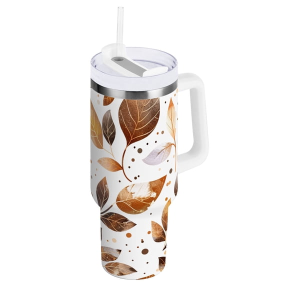 JSTEL Brown Gold Leaves Watercolor 30 oz Tumbler Stainless Steel Water Bottle Vacuum Insulated Cup with Straw Lid & Handle For Travel Car Cup Holder