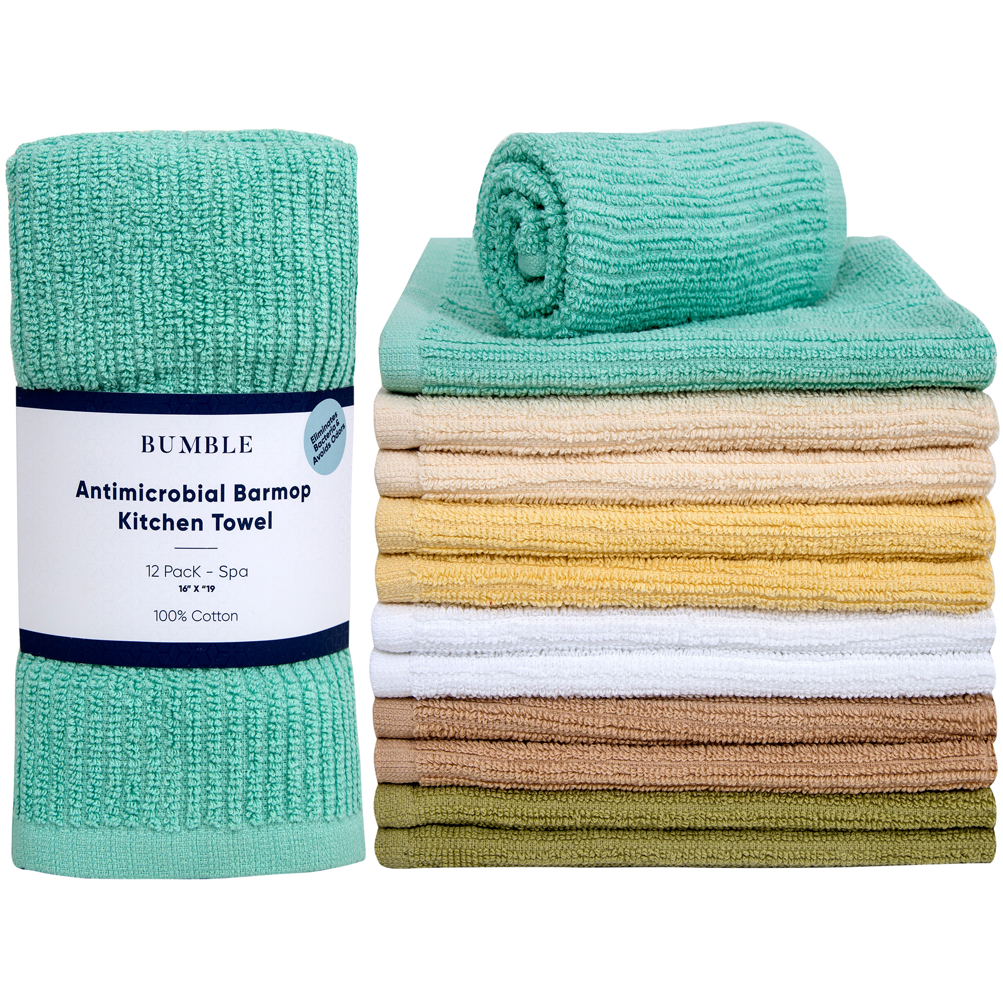 Bumble 12Pack Antimicrobial Barmop Kitchen Towels / 16” x 19” Premium