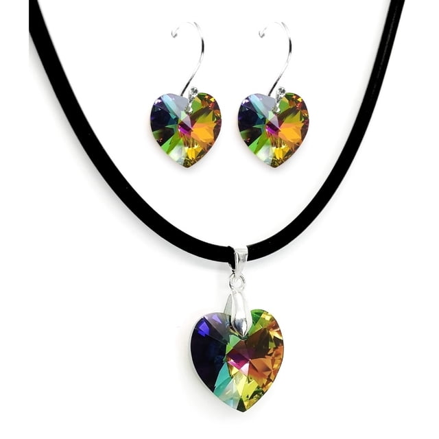 Juego de aretes y collar de caucho con dije en forma de Corazón, plata mexicana ley .925, Vitral