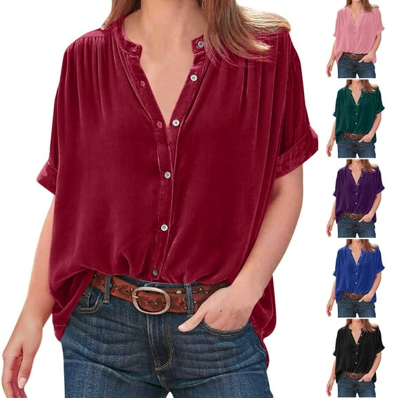 Fesfesfes Women T Shirts Women Temperament Gold Velvet Solid Color Short Sleeved Round Neck Button Up Folded Shirt Top Workout Shirts L(US:8)