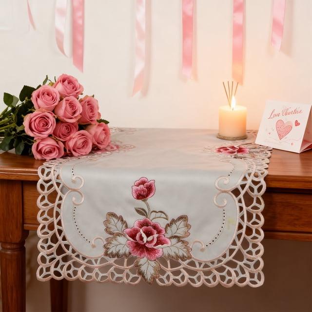 PEONAVET Embroidered Tablecloth with Lace Trims Elegant Linen Dining Table Cover for Holiday Decor Washable Tablecloth for Christmas Valentines Day