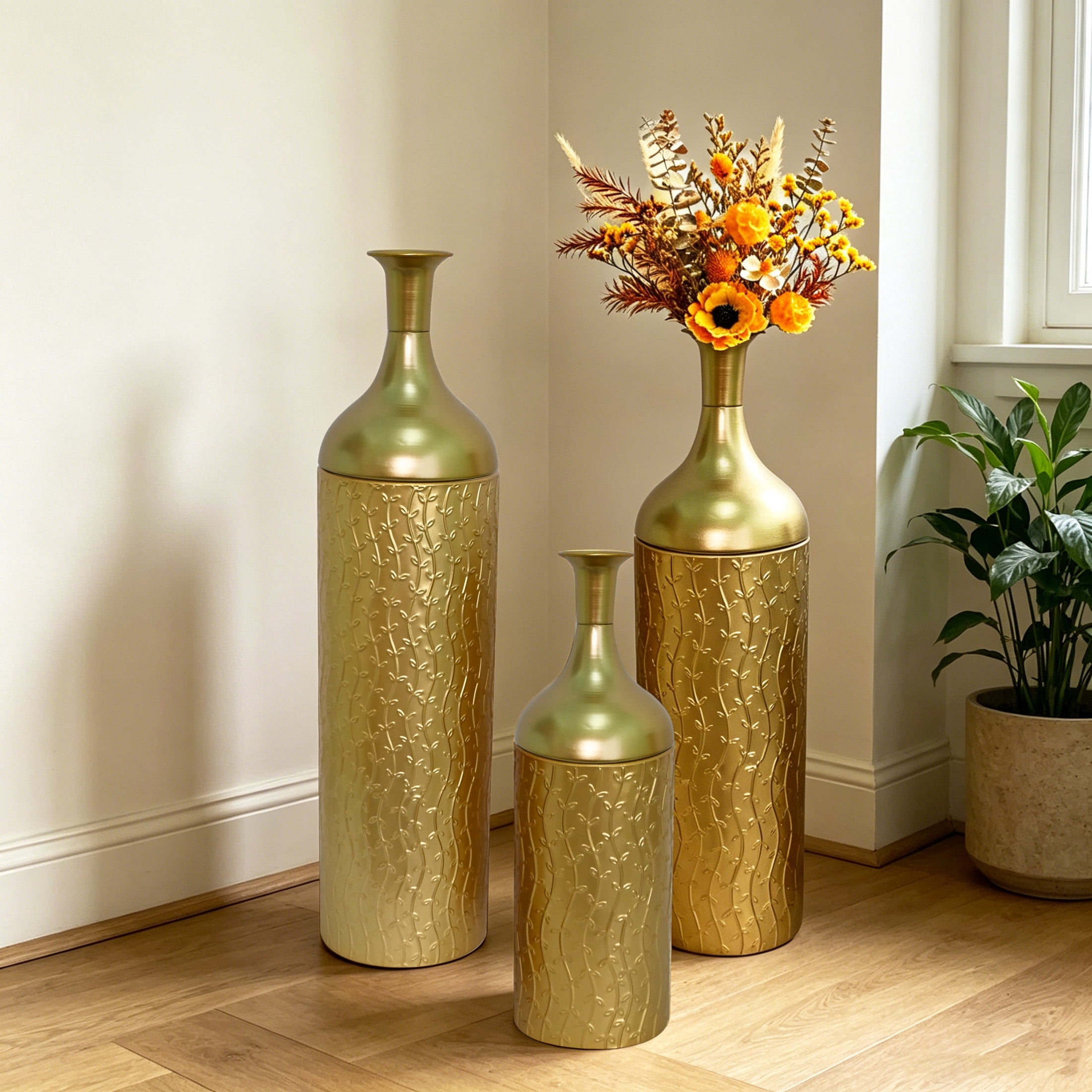 Noble House Set of 3 Decorative Metal Floor Vases, Leaf Pattern Tall Vases, Gold