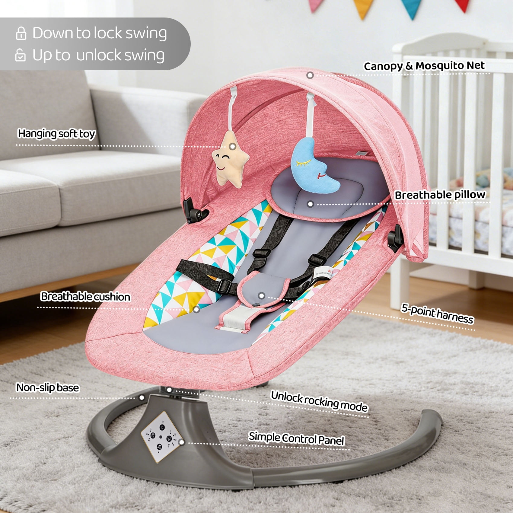 Fashionsmile Electric Baby Swing, Caveen Infant Swing Rocker with Remote Control, 5 Sway Speeds, Bluetooth Music, Grey