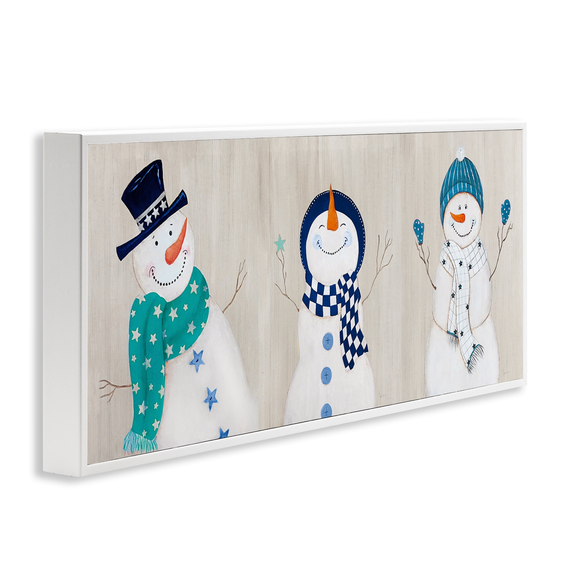 Stupell Industries Happy Snowman Trio Holiday Painting White Framed Art Prints Wall Art, 24 x 10