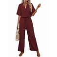 thumbnail image 2 of Women'S Casual 2 Piece Set V-Neck Short-Sleeved Tops Straight Wide Leg Pants Outfit Deep Red M, 2 of 9