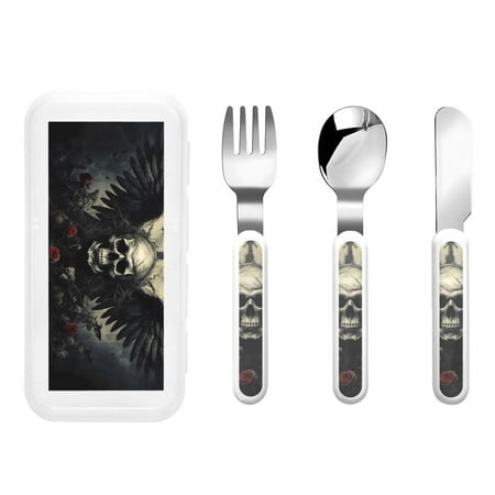 

Kdxio Vintage Winged Rose Skull Toddler Utensils Set - Kids Silverware Set Set Kids Utensils Set with Case for Preschooler Children