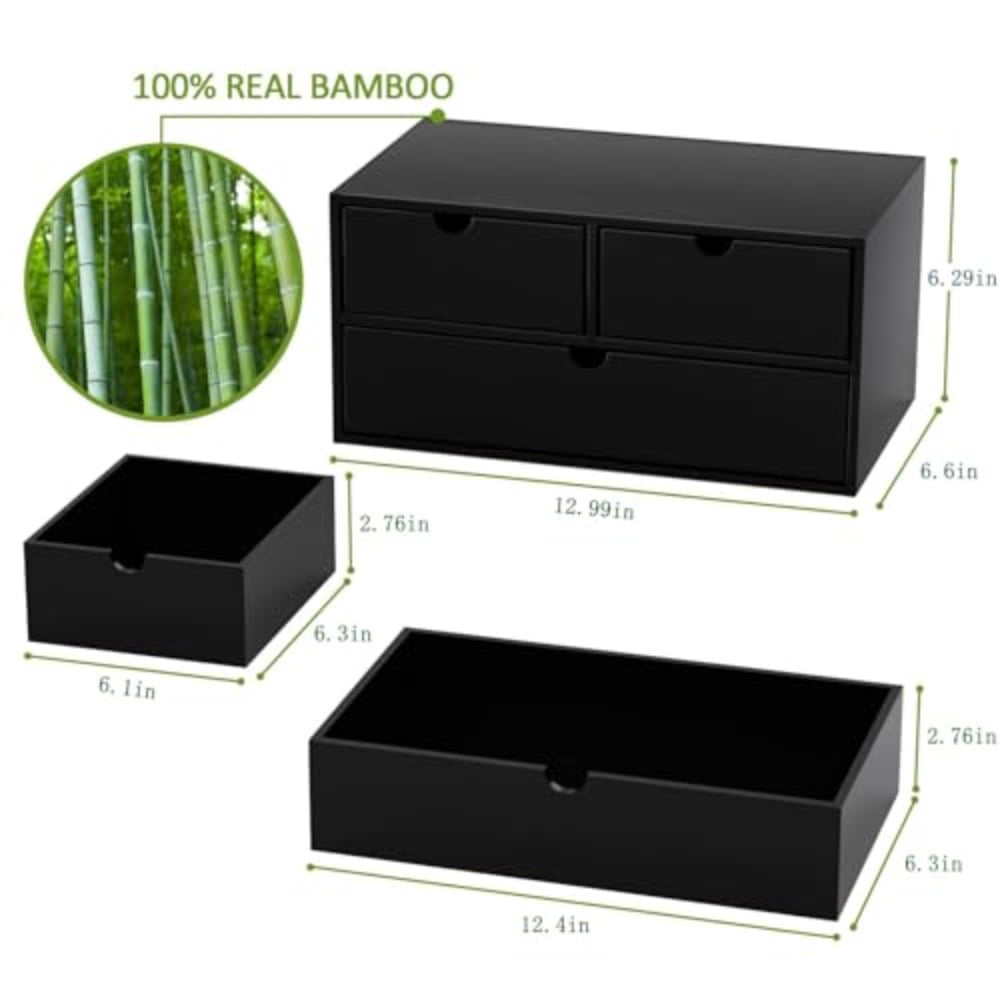 Bamboo Desk Organizer - Mini Bamboo Desk Drawer Tabletop Cosmetic Storage Organization for Office or Home Black