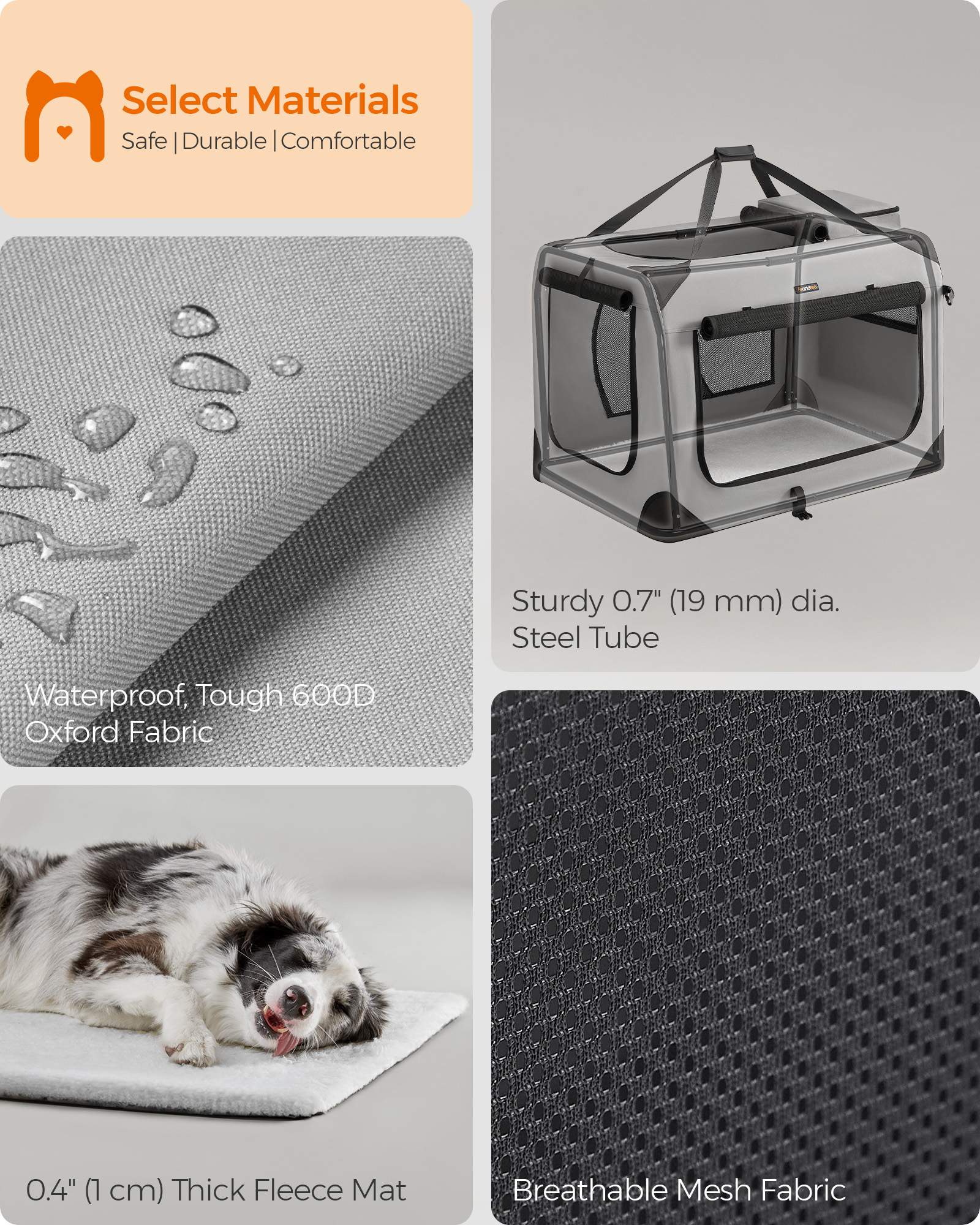 36 Inches Collapsible Soft Dog Crate, Portable Travel Dog Crate for Indoor and Outdoor Use, Dog Carrier Kennel with Safety Zippers, for Living Room, Car, Travelling, Smoke Gray