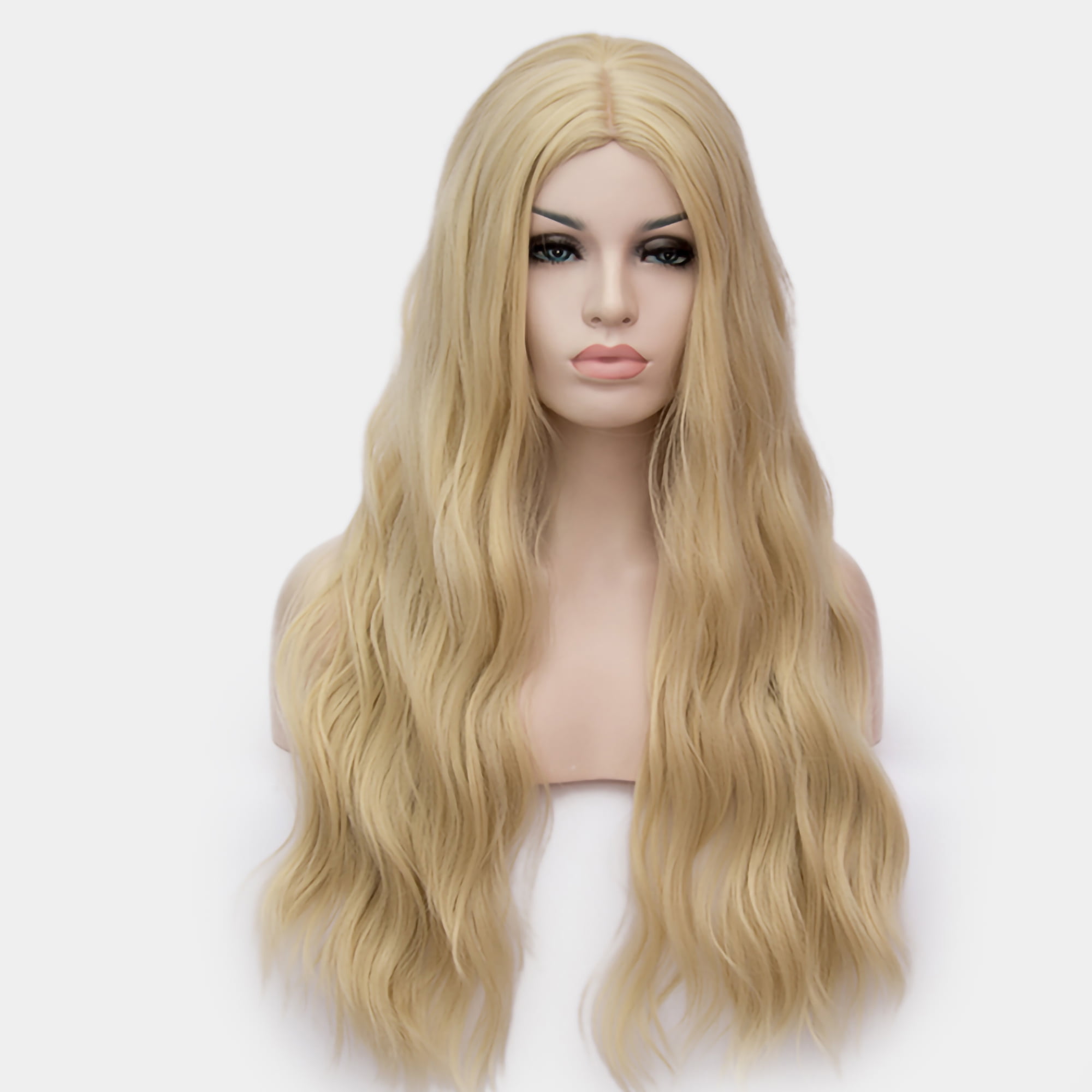Unique Bargains Human Hair Wigs for Lady 28" Curly Wig Cap Fluffy Curly Wavy Bright Gold Tone