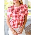 thumbnail image 5 of Yunliwuli Women Short Sleeve Shirts Plaid Front Three Bowknot Tie-Up Fashion Blouses Summer Casual Tops, 5 of 10