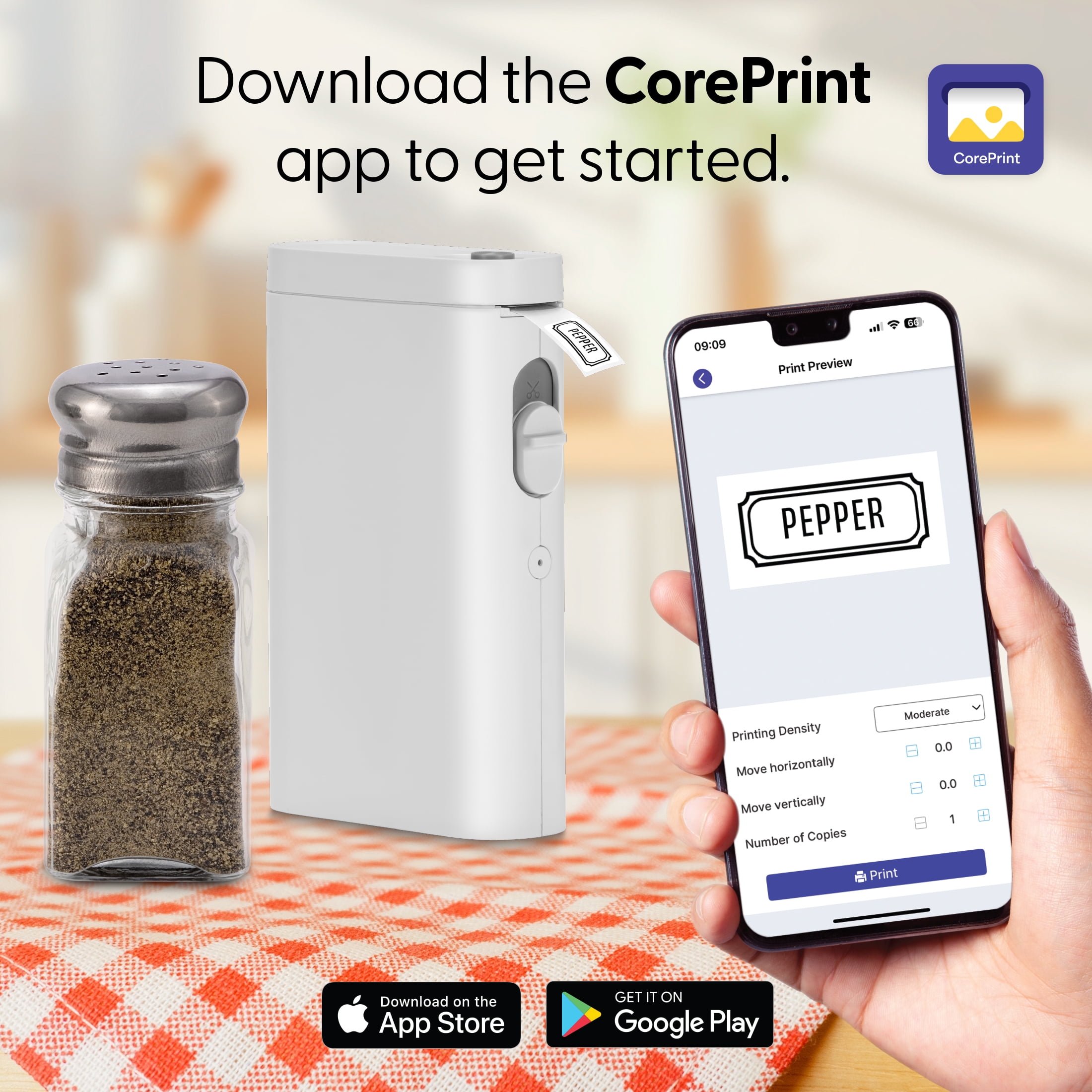 Core Innovations Wireless Bluetooth Portable Label Maker with Built-in Cutter and Starter Rolls