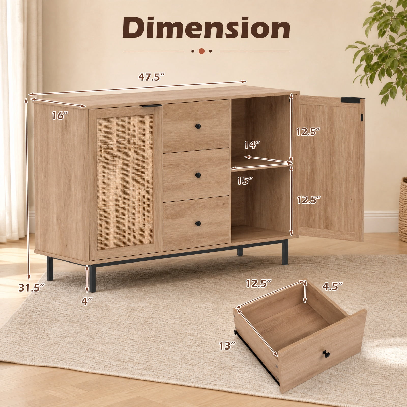 Furnibear Sideboard Buffet Cabinet Rustic Farmhouse Coffee Bar Table with 2 Rattan Doors and 3 Drawers for Kitchen Dining Living Room Buffet, Natural