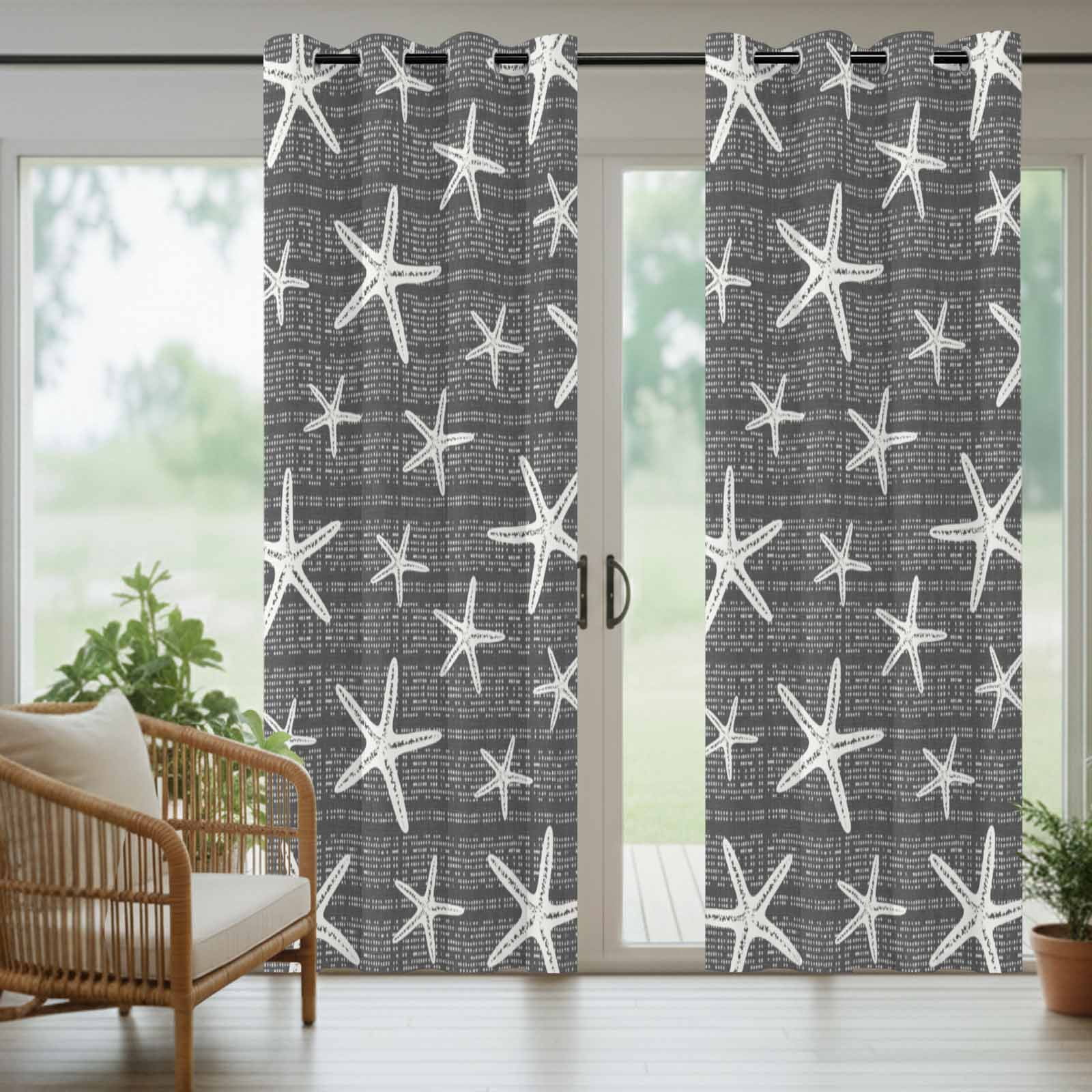 Black Starfish Coastal Outdoor Curtains for Patio, Summer Beach Nautical Sea Ocean Sunshade Privacy Drapes Grommet Waterproof Outside Curtains for Porch/Cabana/Balcony 54"x 108", 1 Panel