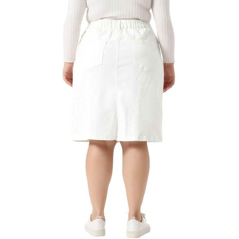 Unique Bargains Women s Plus Size Denim Elastic Waist Back Vent Jeans Skirts 4X White Walmart
