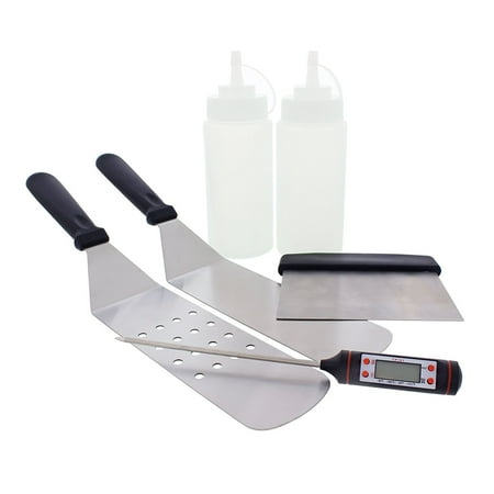 Barbecue Accessories (Yukon Glory 6 Piece Griddle BBQ Tool Kit - 2 Spatulas, 1 Chopper Scrapper, Meat Thermometer and 2 Bottles - Great for Flat Top Cooking, Camping and)