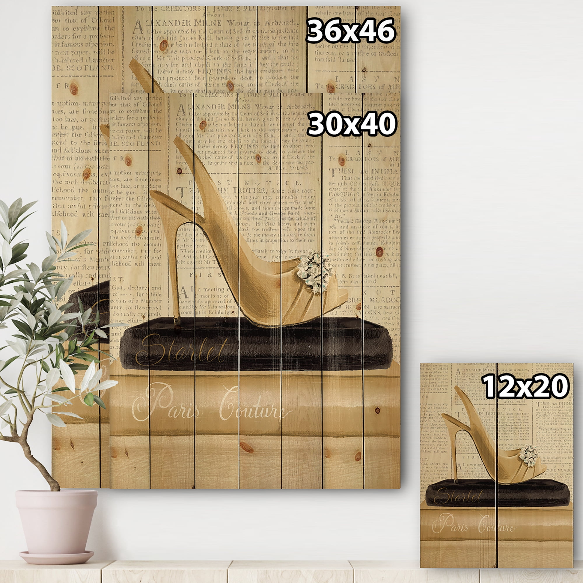 Designart 'Gold Glam and Fashion High Heels I' Posh & Luxe Print on Natural Pine Wood