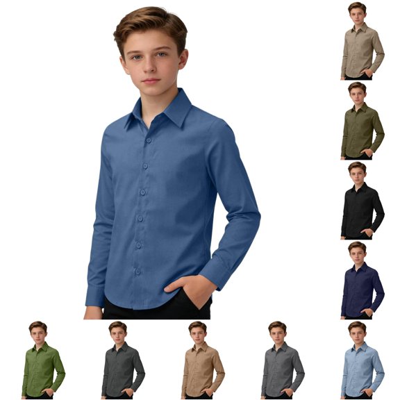 JAJAHO Kids Boys Button Down Shirt Long Sleeve School Uniform Dress Shirts Back To School Outfit 5-16Y