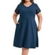thumbnail image 1 of Vestido de Talla Grande GRACE & GRANDEUR con Escote en V, Cintura Elástica, Mangas Cortas, Vestidos de Verano en A con Bolsillos 1X Azul Marino, 1 of 5