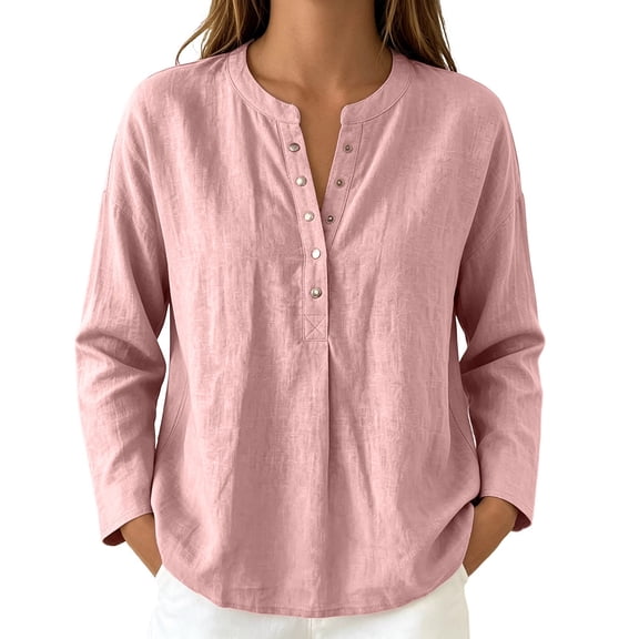 ZHOGXU Elegant Loose Fit T Shirt For Women Long Sleeve O Neck Solid Color Button Soft Top Workout And Sport