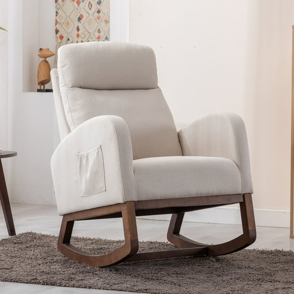 Modern Rocking Chair, Upholstered Nursery Glider Rocker Chair for Baby, Comfy Armchair with Side Pocket, Living Room Lounge Arm Chair, High Backrest with Headrest Shape Design(Light Beige)