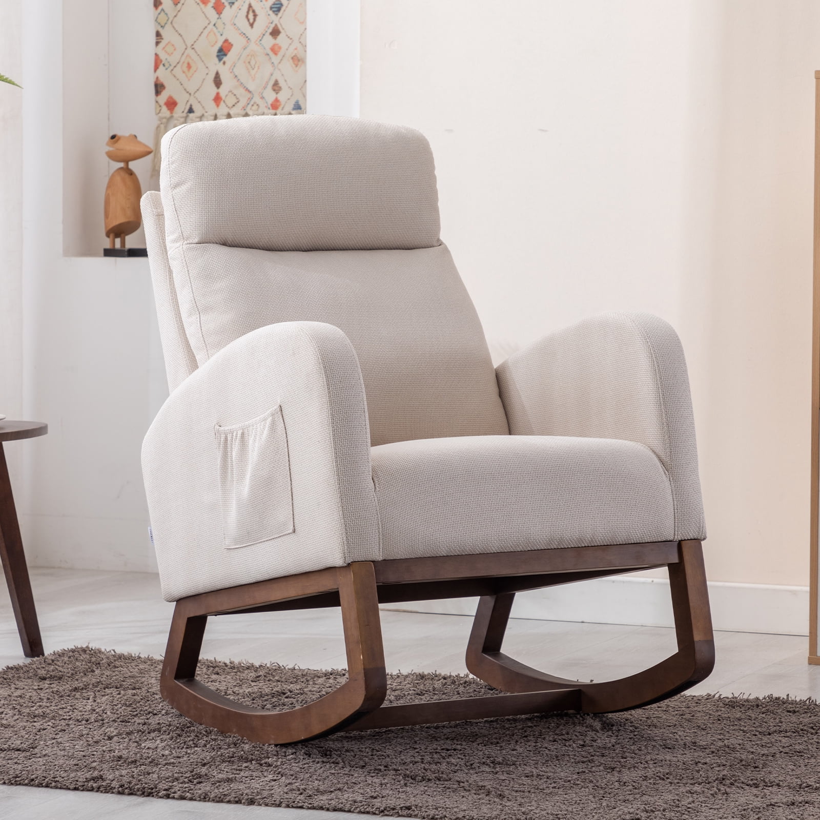 Modern Rocking Chair, Upholstered Nursery Glider Rocker Chair for Baby, Comfy Armchair with Side Pocket, Living Room Lounge Arm Chair, High Backrest with Headrest Shape Design(Light Beige)