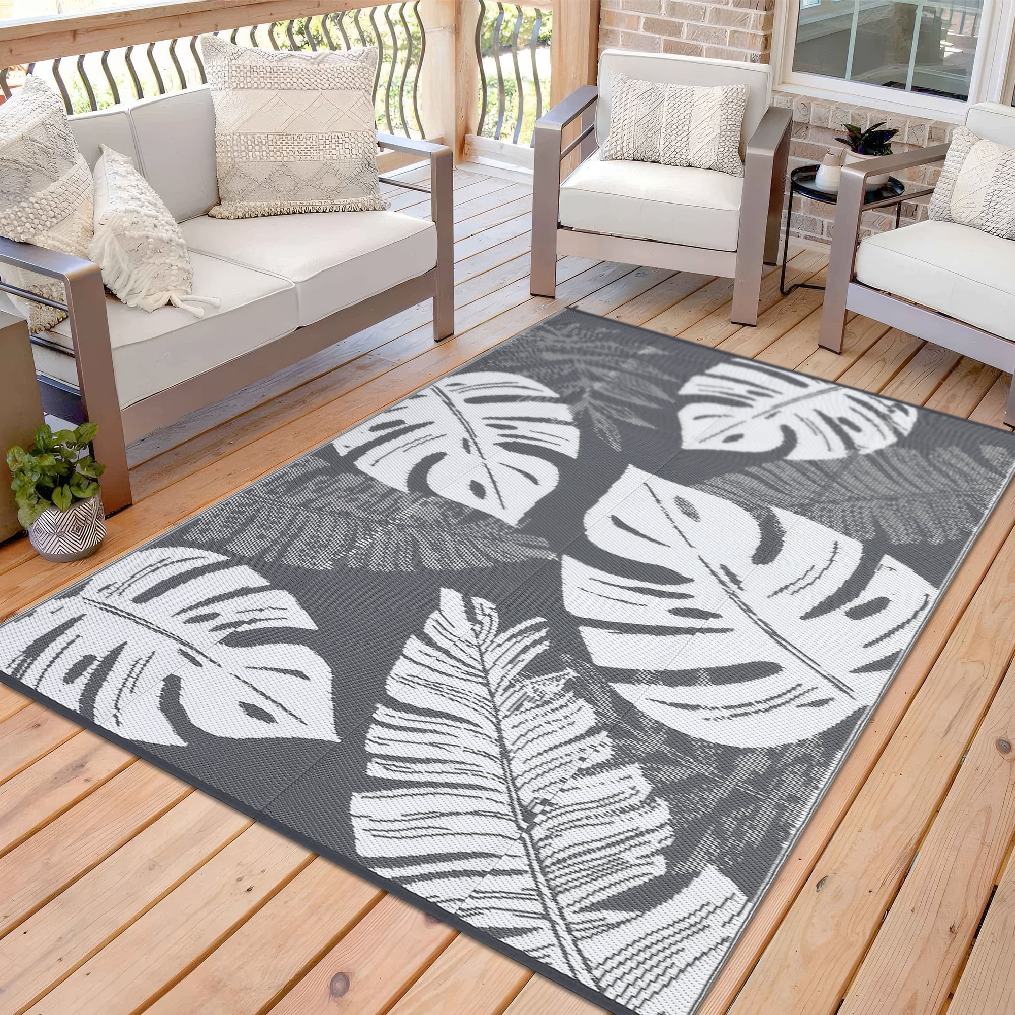 Tzou Waterproof Reversible Outdoor Rug 8 x 10ft Tropical Palm Design, Portable Camping Mat w/Carry Bag & Stakes