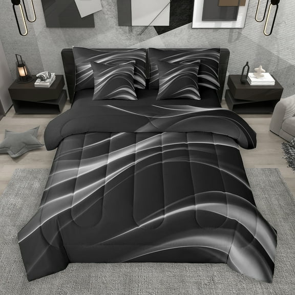 Manfei Geometric Lines 7-Piece Twin Bedding Sets,Minimalism Geometric Line Bedding Comforter Set,Gray Black Sheet Sets For Girls Boys,Super Cozy Room Decor Reversible