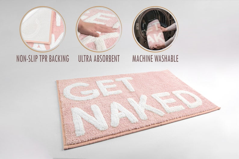 Get Naked Bath Mat - Pink Get Naked Rug - Shower Curtain Set - Funny Bathroom Decor Signs - Peach Bathroom Rugs - Cute Fun Bath Mat - Cool Bathroom Stuff - Blush Pink Bathroom Accessories - Washable