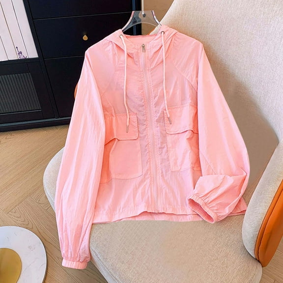 QUNYINEY Casual Womens Jacket Hooded Solid Zip Up with Pockets Coats Long Sleeve Loose Lightweight Sun Protection Womens Jacket
