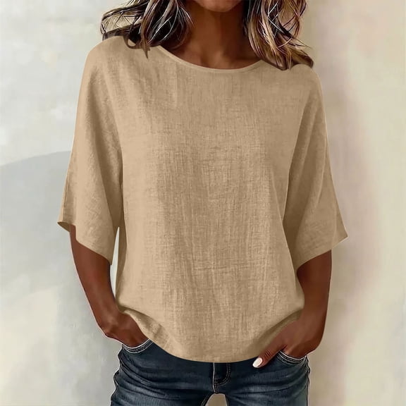 Women's Cotton Linen Tops Crew Neck 3/4 Sleeve Tunic Shirts Casual Loose Fit Blouses Summer Lightweight Tees (Khaki,XXL)